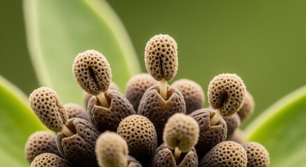 Macro shot of unique plant texture with detailed brown and green structures in soft light.
