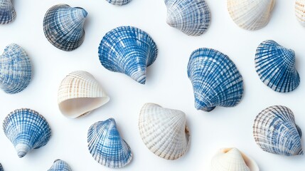 38.Subtle seamless pattern of blue sea shells on a white backdrop, with clean lines and delicate details, capturing the essence of the ocean and its marine life, perfect for a coastal-inspired design.