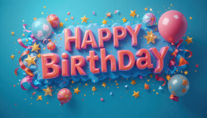 Vibrant birthday celebration image featuring colorful balloons, stars, and festive decorations surrounding bold Happy Birthday text on blue background. cheerful design conveys joy and excitement