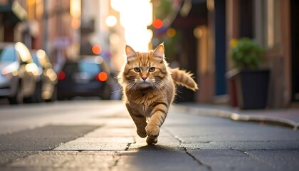 Ginger cat running down a sun-drenched city street