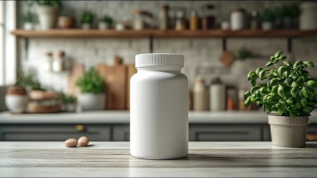 A blank white supplement bottle mockup on a kitchen counter with a potted herb and blurred background.