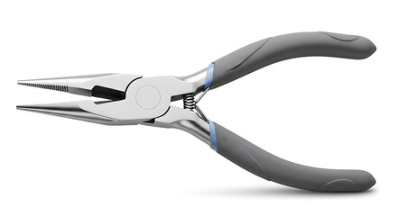 Detailed image of a pair of needle-nose pliers with gray handles and blue accents