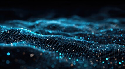 Abstract Digital Sea of Glowing Blue Particles and Wave Patterns in a Dark Space Background