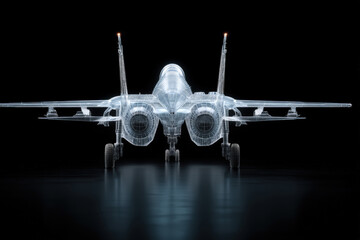 3D rendering of a modern fighter jet against a black background. This detailed 3D rendering showcases the intricate design of a military aircraft