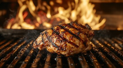 59.Close-up shot of a BBQ chicken filet being grilled, golden brown and charred, surrounded by open flames and a smoky background, with rich colors of flame-kissed meat and grill marks.