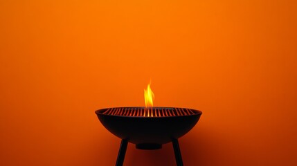 74.A minimalist yet striking image of a small, round grill with a small flame flickering inside, set against an intense orange background, creating a vibrant, energetic grilling atmosphere.