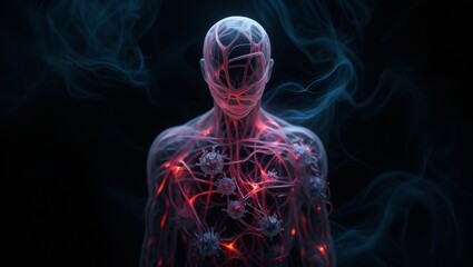 Abstract transparent human body showing illuminated internal systems and circulating viruses.