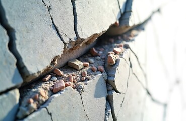Close up of crumbling concrete wall with deep cracks, visible debris. Damaged structure shows clear signs of destruction, decay, urgent need for repair. Broken cement, small rocks lie within