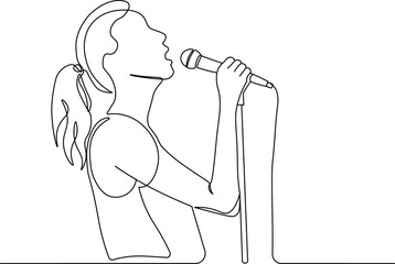 Young Female Singer in Continuous One Line Art. Minimalist Vector Illustration of Woman Holding Microphone Singing