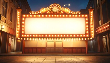 Illuminated Vintage Theater Marquee with Classic Cinema Signage and Glowing Lights at Night for Cultural Celebration and Advertising Template
