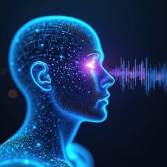 Obraz premium Digital human head with glowing circuit patterns and sound wave visualization. Abstract AI mind processing audio data, futuristic tech concept art.