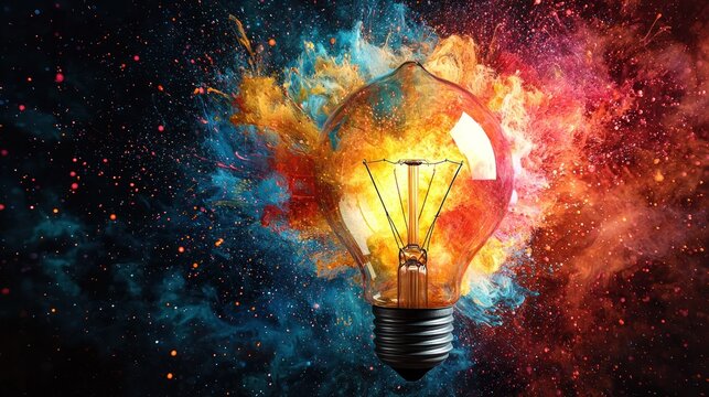 Light bulb surrounded by vibrant explosion of color