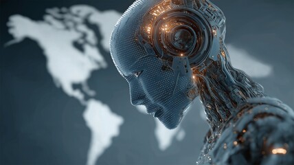 Glowing circuitry on a futuristic robot helmet set against a backdrop of a digitized world map