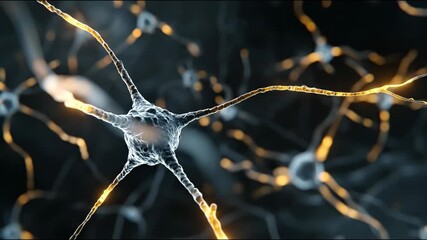 Close-up view of interconnected neurons transmitting electrical signals in the brain. - Powered by Adobe