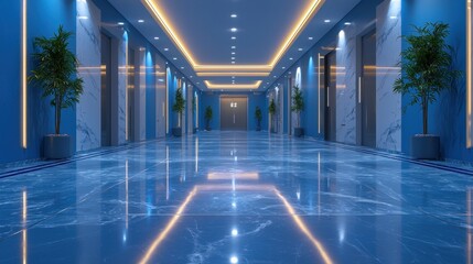 Lit hallway with blue walls, marble floors, plants, elevators, and light panels