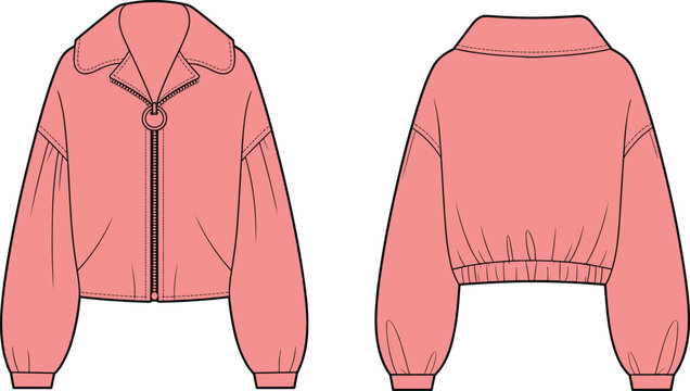Cad drawing, flat vector illustration, pink cropped jacket, balloon sleeves, gathered hem, fashion design, front back view, technical sketch