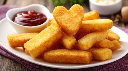 Heart-Shaped Golden Potato Snacks with Crispy Texture and Dipping Sauce on Wooden Table