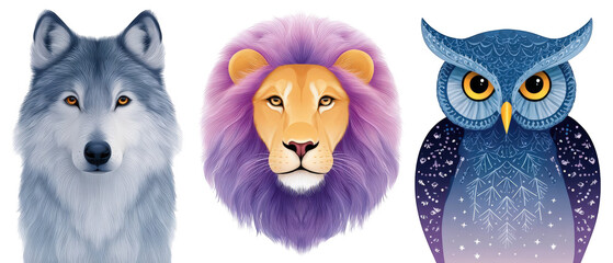 Obraz premium Colorful illustrations of a wolf, lion, and owl, showcasing wildlife art in a vibrant style