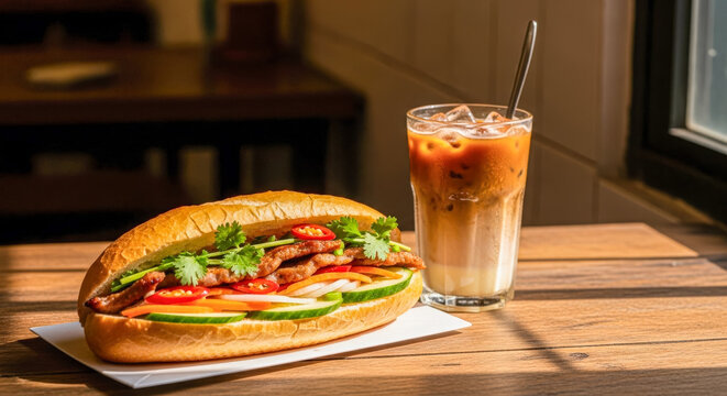 Authentic Vietnamese banh mi sandwich with grilled pork, cucumber, pickled veggies, red chili, and cilantro, paired with iced coffee.