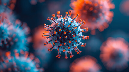 A highly detailed microscopic close-up of viruses or microscopic cells floating in a fluid environment, rendered in vibrant blue and orange tones. 