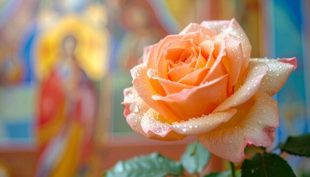 Elegant close-up of a dew-covered peach rose in full bloom, set against a softly blurred religious mural background.