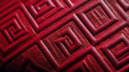 Close-up of textured red fabric with geometric maze pattern and deep, rich color