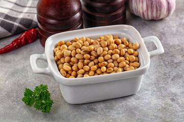 Raw dry soya beans heap