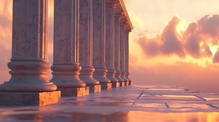 Fototapeta premium Ionic column row under a pastel sky with warm light touching stone edges