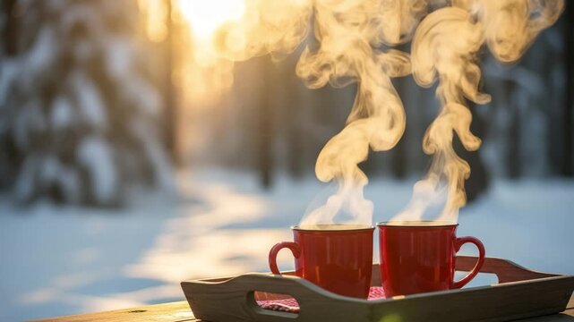 Two steaming red mugs of hot beverage on wooden tray in snowy forest winter sunrise golden hour 4K Ai HD video.	
