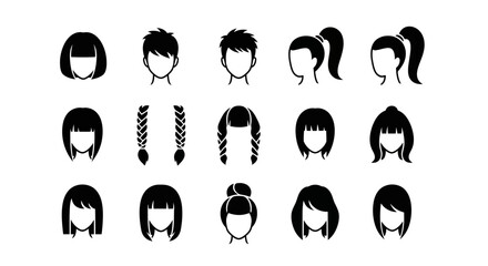 A diverse set of modern hair style icons, featuring various haircuts and hairdos like bobs, braids, and buns for character design