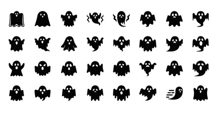 Set of spooky Halloween ghost character silhouettes and icons. A flat vector collection of phantoms and spirits for graphic design