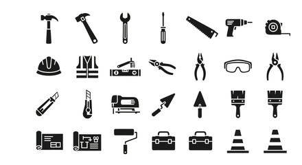 A comprehensive set of solid black glyph icons representing various construction, repair, and DIY tools for building projects