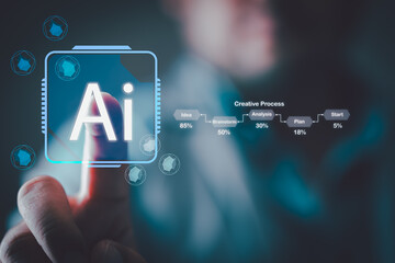 Hand touching a futuristic digital interface with use AI to help work.  Technology and people use...