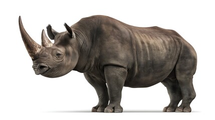 Fototapeta premium Black rhinoceros, Rhinoceros bicornis smiling gently and raising one foot, isolated on white background, realistic wildlife photography, detailed skin texture