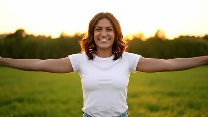 A joyful woman in a white tee raises her arms in glee in a sunlit field, bright and genuine smile