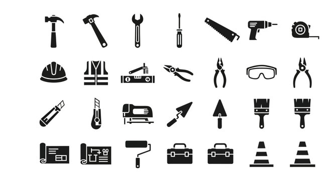 A comprehensive set of solid black glyph icons representing various construction, repair, and DIY tools for building projects - Powered by Adobe