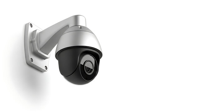 Modern CCTV Surveillance Camera Mounted on White Wall, Security, Safety, Protection Concept
