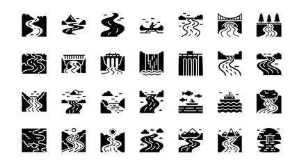 Collection of river glyph icons. A set of solid vector pictograms showing waterways, streams, dams, bridges, and nature landscapes