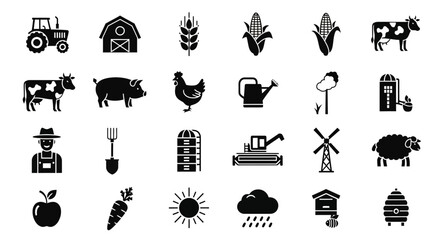 Comprehensive collection of simple black glyph icons representing agriculture, farming, livestock, and rural life © Steven