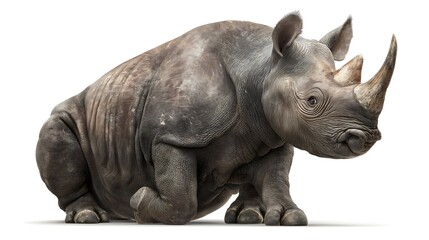 Obraz premium Black rhinoceros, Rhinoceros bicornis smiling gently and raising one foot, isolated on white background, realistic wildlife photography, detailed skin texture