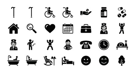 Nursing home and senior care solid icon set depicting medical support, assisted living, and wellness kufu for elderly people