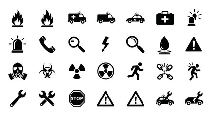 Monochrome glyph icon collection featuring symbols for safety, emergency, danger, and roadside assistance services