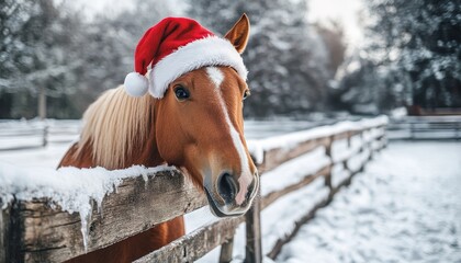 Festive Brown Horse Portrait Wearing Santa Hat in Winter Snowy Landscape with Christmas Cheer