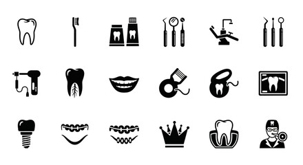 A complete collection of monochrome glyph icons representing dentistry, oral hygiene, and orthodontic treatments