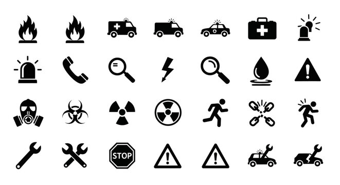 Monochrome glyph icon collection featuring symbols for safety, emergency, danger, and roadside assistance services