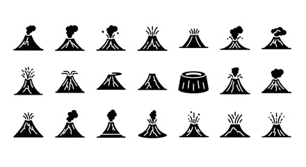 Set of black volcano vector icons. Simple glyphs depicting volcanic eruption, smoke, magma, and dormant mountains for geology and disaster concepts © Steven