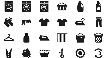 A comprehensive set of well-devised glyph icons representing laundry, cleaning, and clothing care services, isolated on white