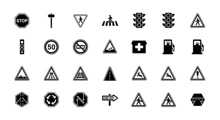 Comprehensive glyph icon set of monochrome road signs, including traffic signals, warning symbols, and regulatory street signage for web and print