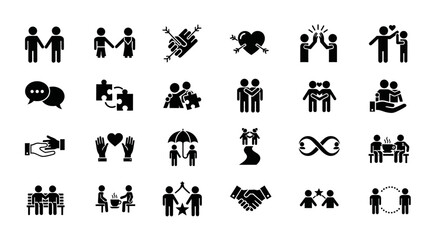 A versatile set of solid glyph icons depicting friendship, teamwork, partnership, and love. Symbols for collaboration, community, and human connection