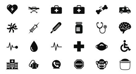 A comprehensive set of simple black glyph icons representing various medical, healthcare, and emergency services for creative projects